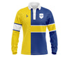 Custom yellow and blue long-sleeve school leaver with white accents